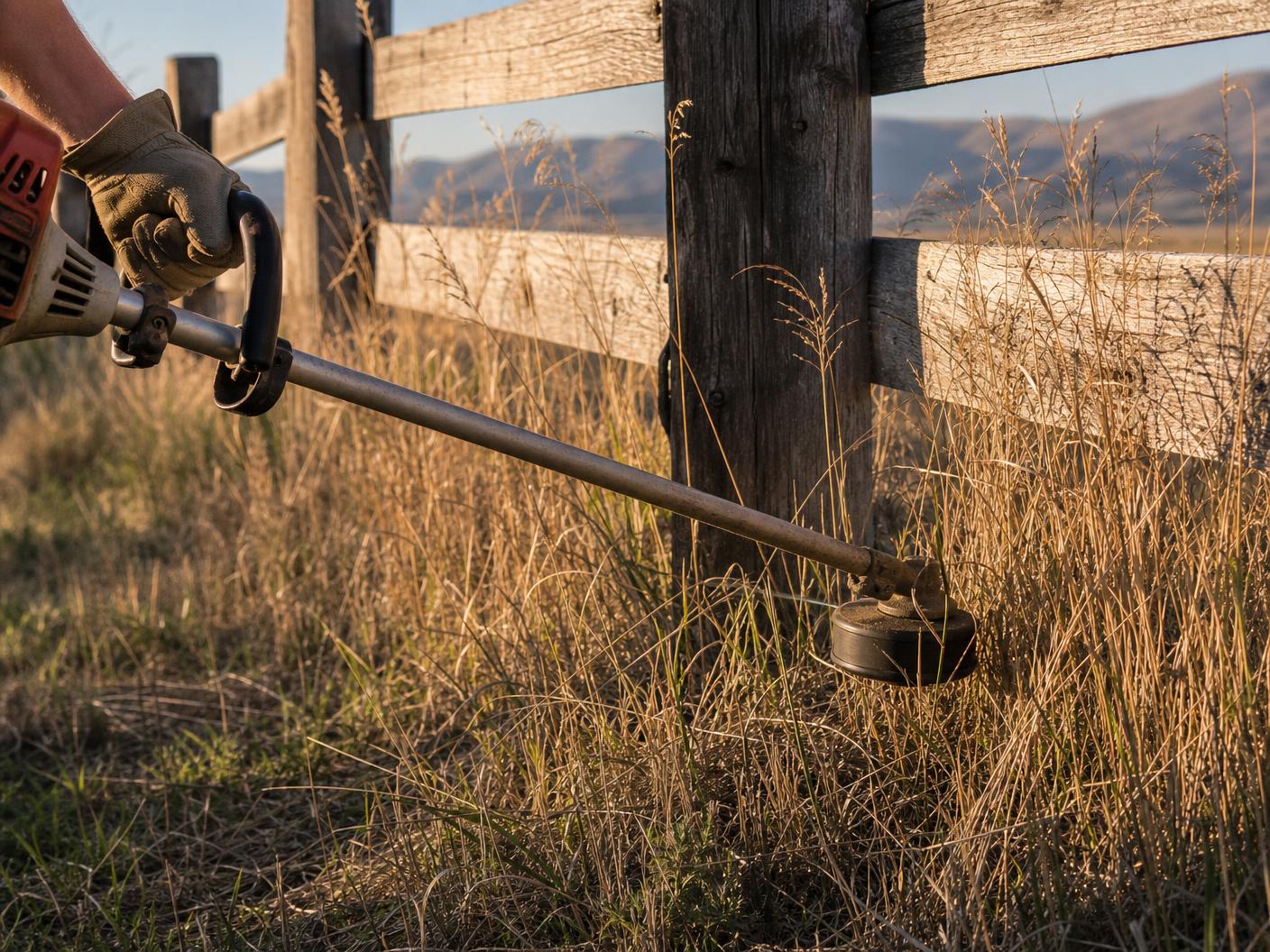 Gas string trimmer head cutting tall dry grass along a weathered wooden ranch fence at golden hour