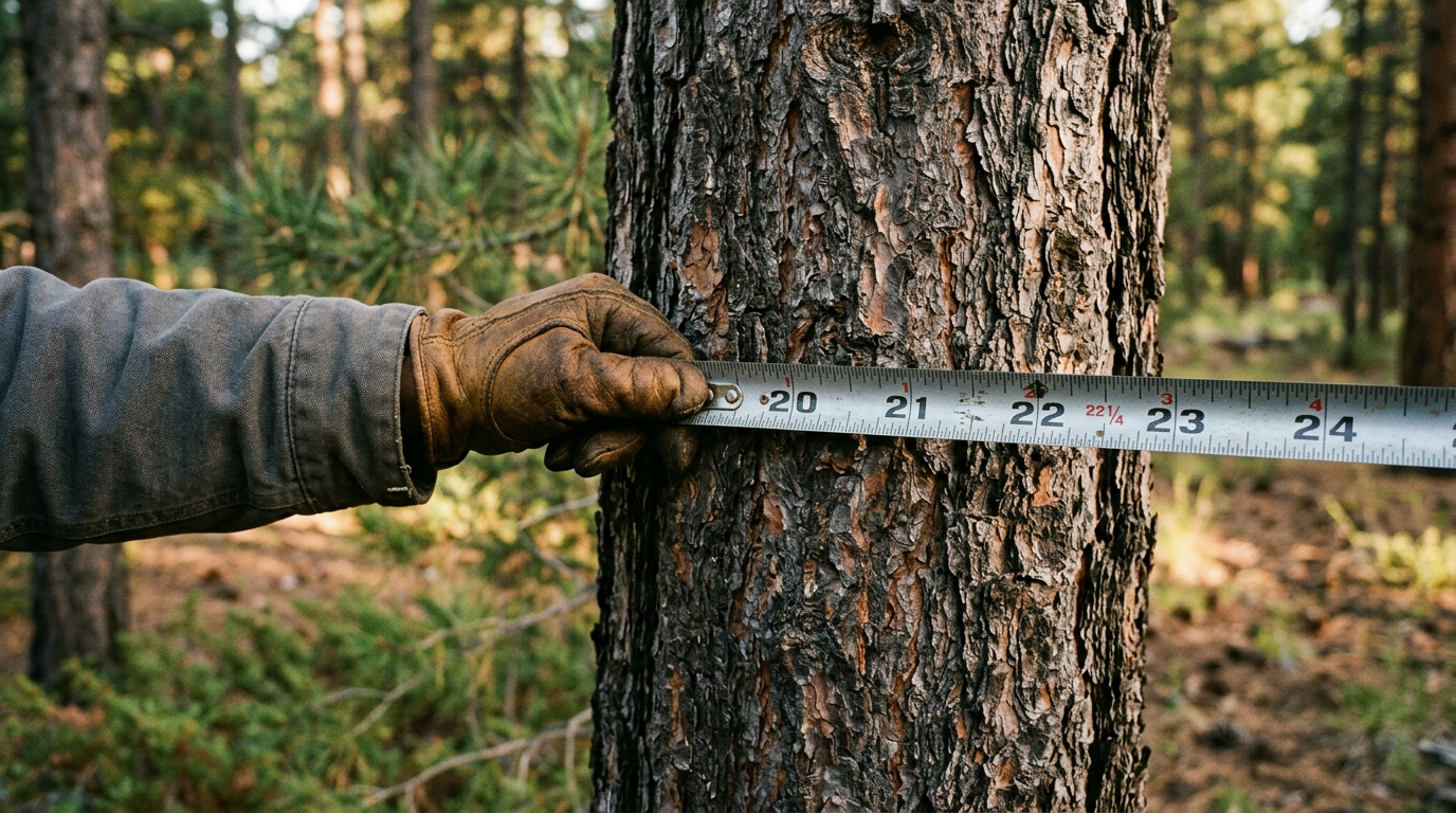 Steel tape measure stretched across a ponderosa pine trunk during an on-site tree assessment in warm evening light
