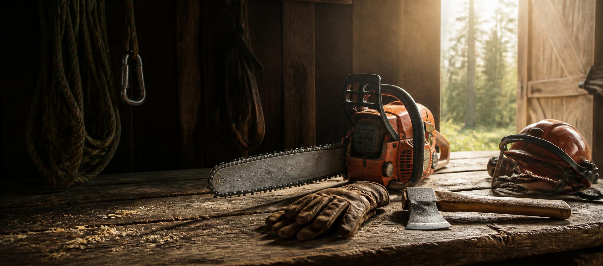 Professional chainsaw, felling axe, leather work gloves and climbing helmet on a weathered workbench in a shaded arborist barn lit by daylight from an open door