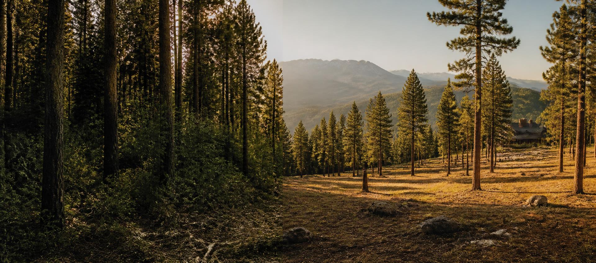 Dramatic Colorado Western Slope landscape showing dense shadowed forest transitioning into a professionally thinned, sunlit defensible space with a distant cabin and mountains