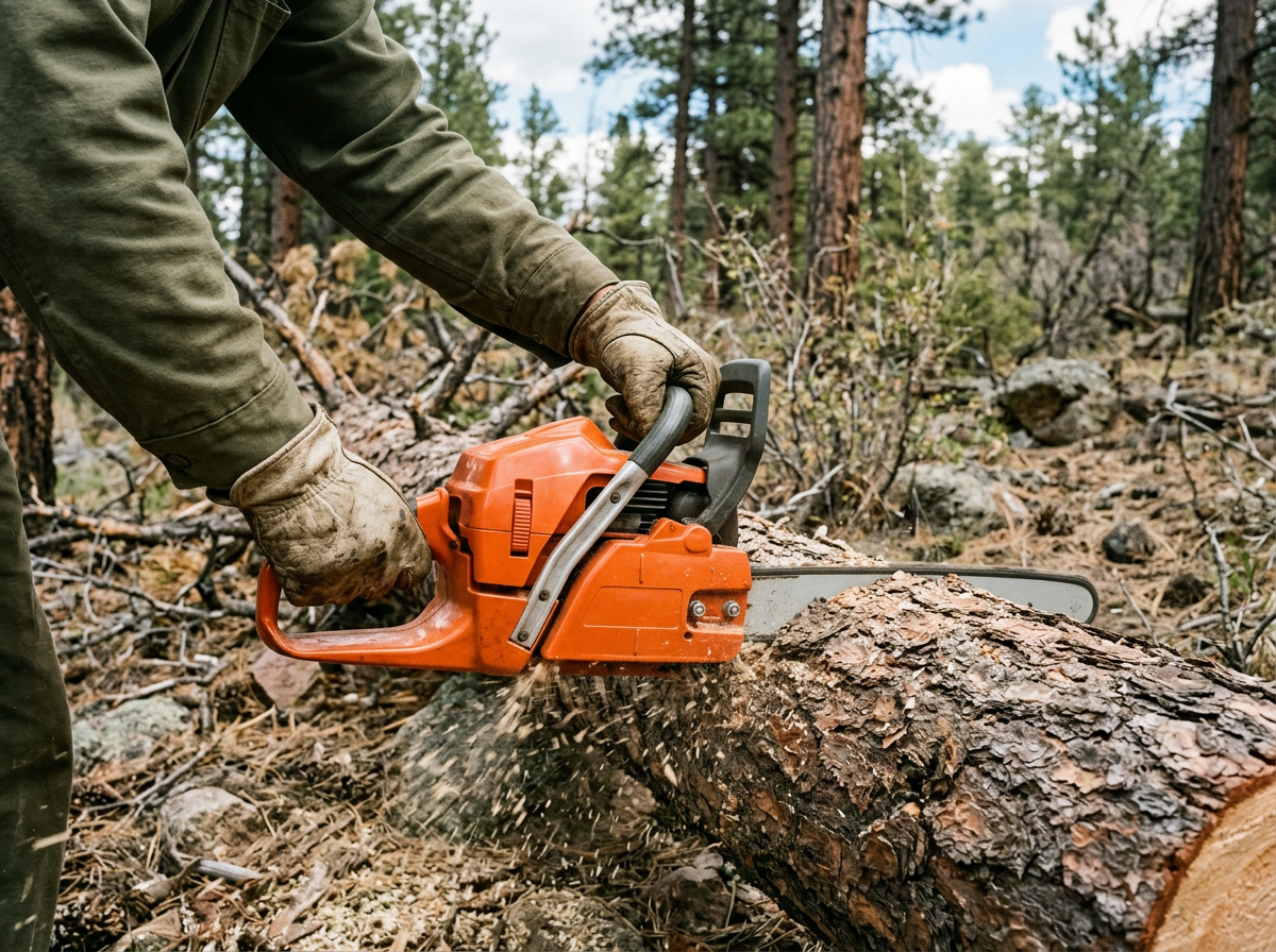 Gloved arborist hands running a chainsaw through a felled ponderosa pine while thinning defensible space in a dry Colorado forest