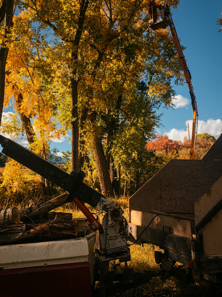 Bucket truck boom lifted into a golden cottonwood canopy beside a wood chipper and dump trailer