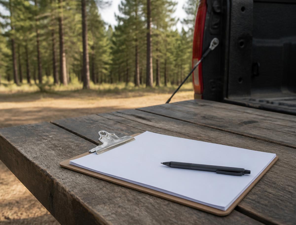 Blank estimate notepad on a metal clipboard with a pen, resting on a work truck tailgate in a pine forest