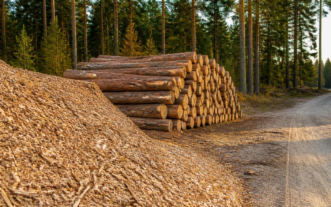 Large pile of fresh wood chips beside neatly stacked cut logs on a cleared forest road at golden hour