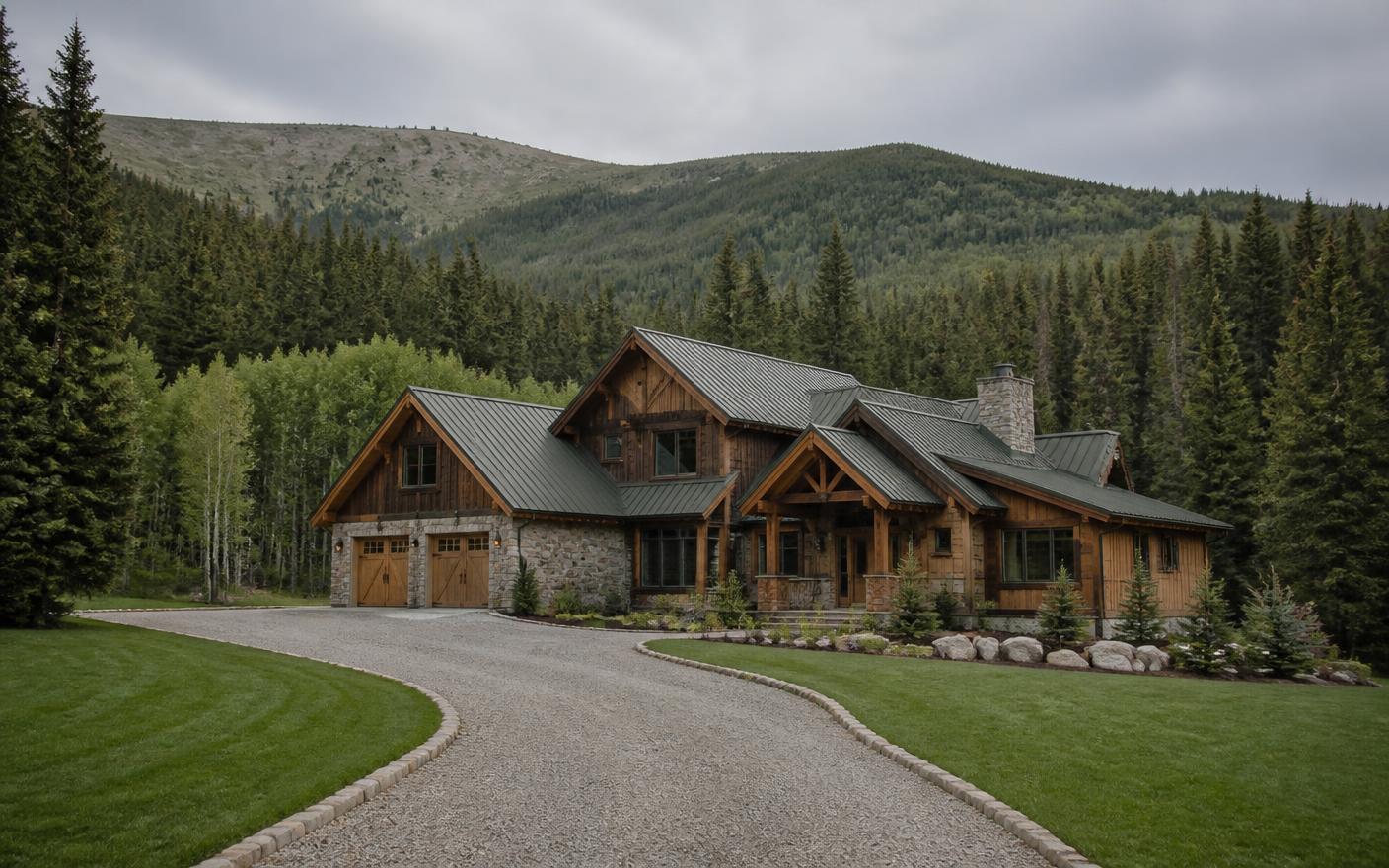 Trees and stone mountain home with a wide cleared gravel and mowed perimeter separating it from dense conifer forest