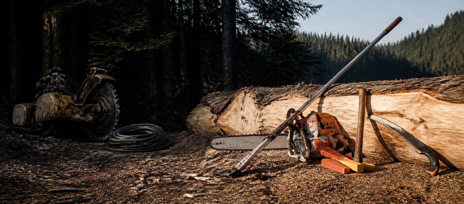 Tree service equipment at a forest job site: pole saw, chainsaw, felling wedges and pruning saw leaning on a freshly sawn pine log with a stump grinder in the shade behind
