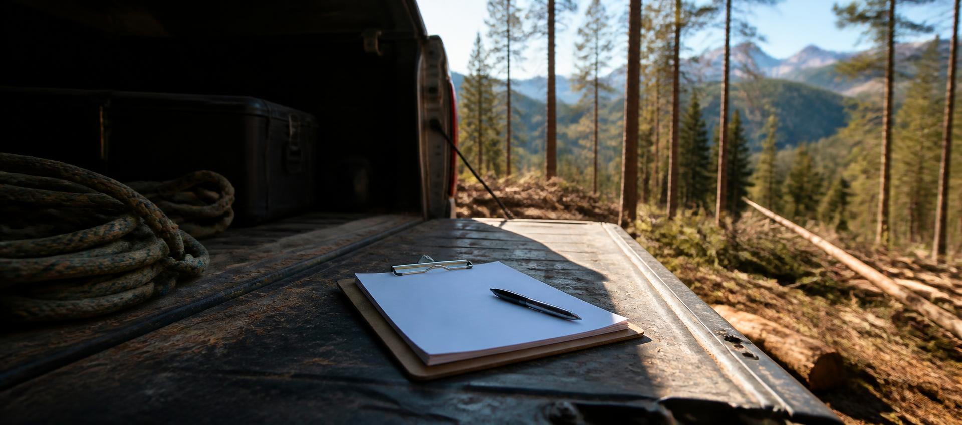 Blank estimate pad on a metal clipboard resting on a work truck tailgate with coiled climbing rope in shade and sunlit pine forest and mountains beyond