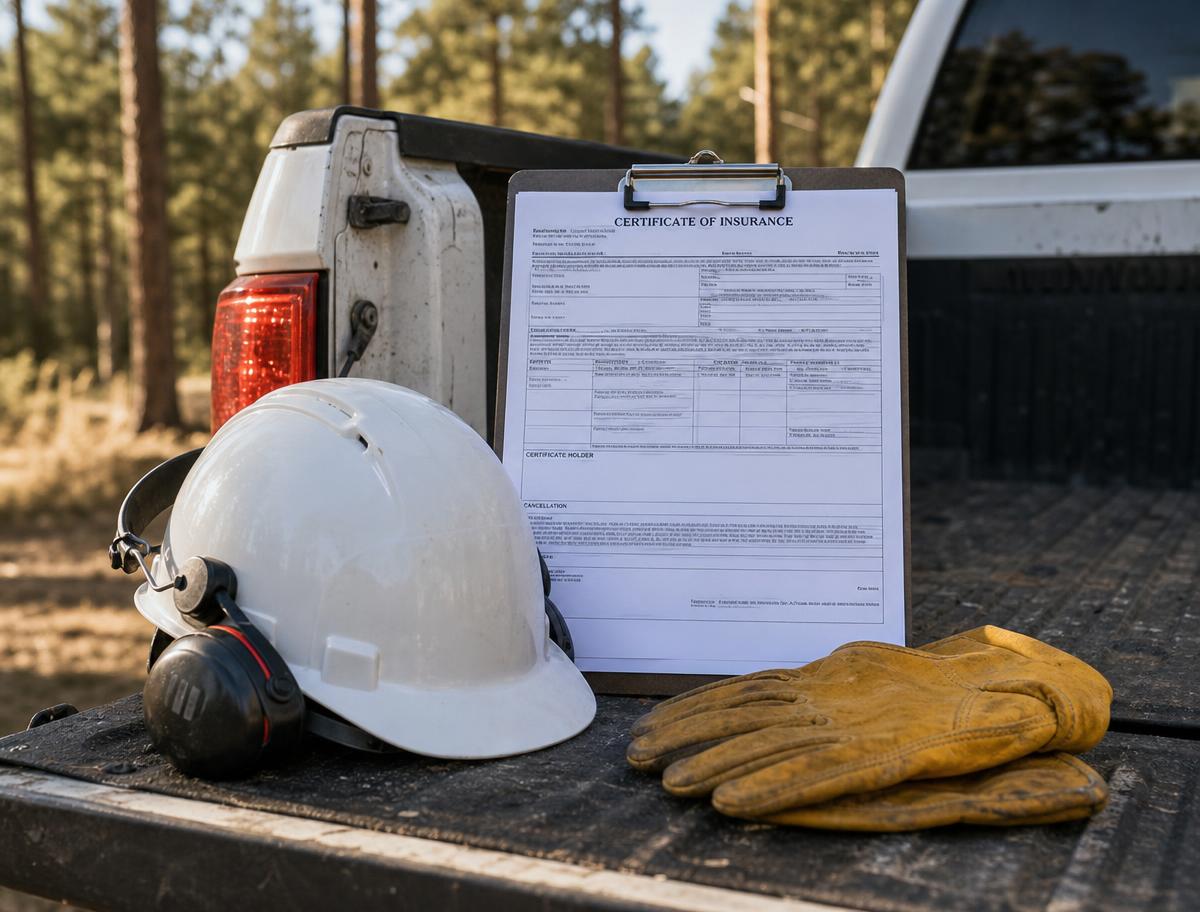 White hard hat, ear protection, leather work gloves and a Certificate of Insurance on a clipboard resting on a work truck tailgate