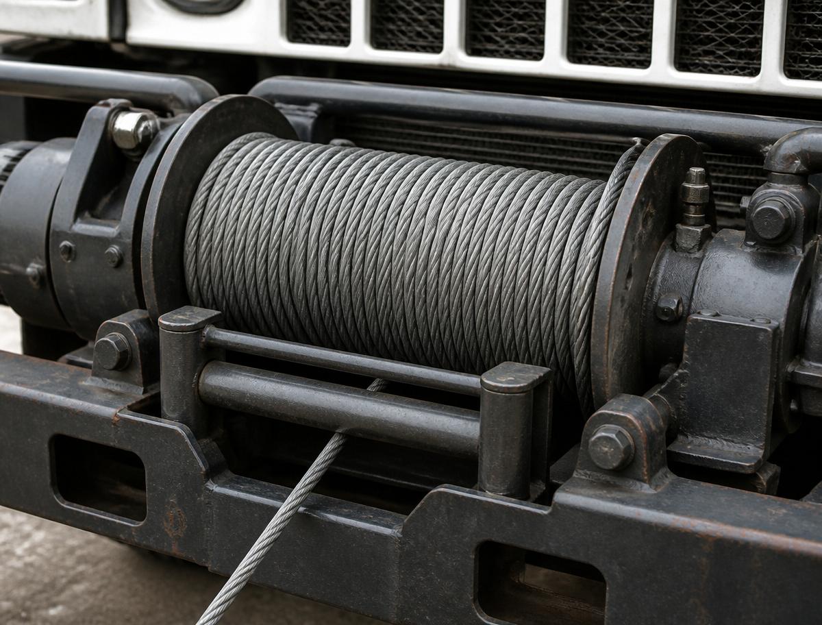 Heavy-duty steel winch drum wound with wire cable mounted on a rugged work truck bumper