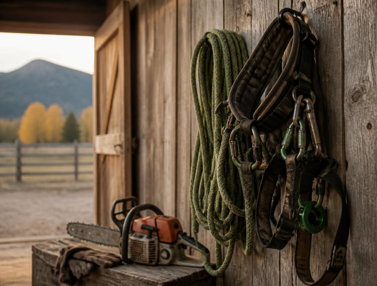 Arborist climbing saddle, rope and carabiners hanging in a barn beside a chainsaw with mountains through the open door
