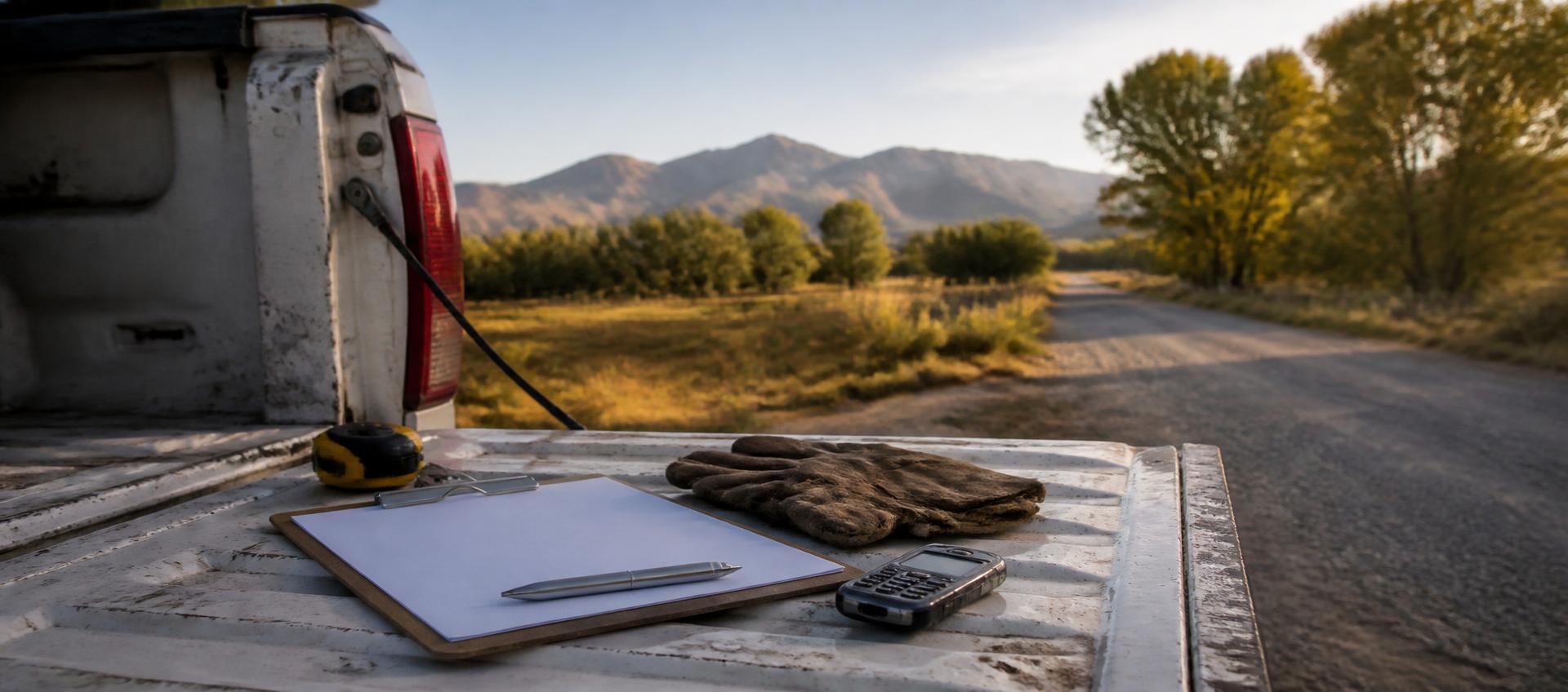Estimate clipboard, pen, work phone and leather gloves arranged on a weathered white truck tailgate with a sunlit ranch road and Colorado San Juan mountains behind