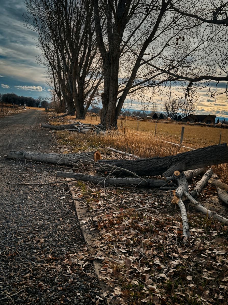 Large fallen limb across a field edge along a gravel drive lined with bare cottonwoods