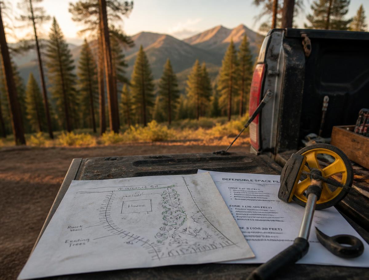 Hand-drawn defensible space property plan and measuring wheel on a work truck tailgate with pine forest behind