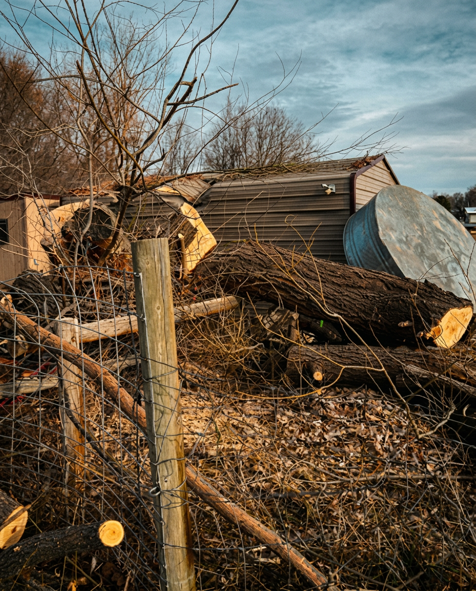 Sectioned cottonwood trunk with fresh cut ends stacked beside a shed after storm damage cleanup