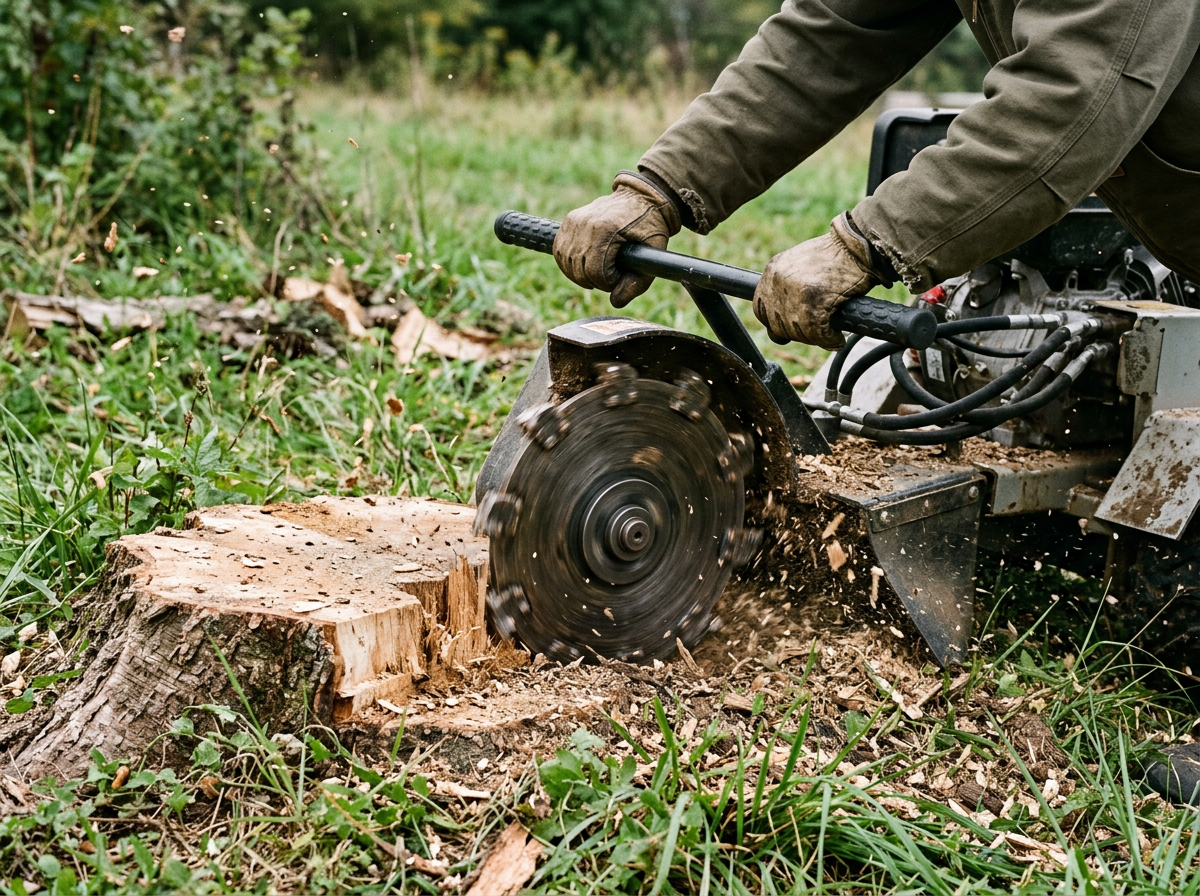 Carbide stump grinder wheel cutting into a freshly felled tree stump, throwing wood chips across the grass