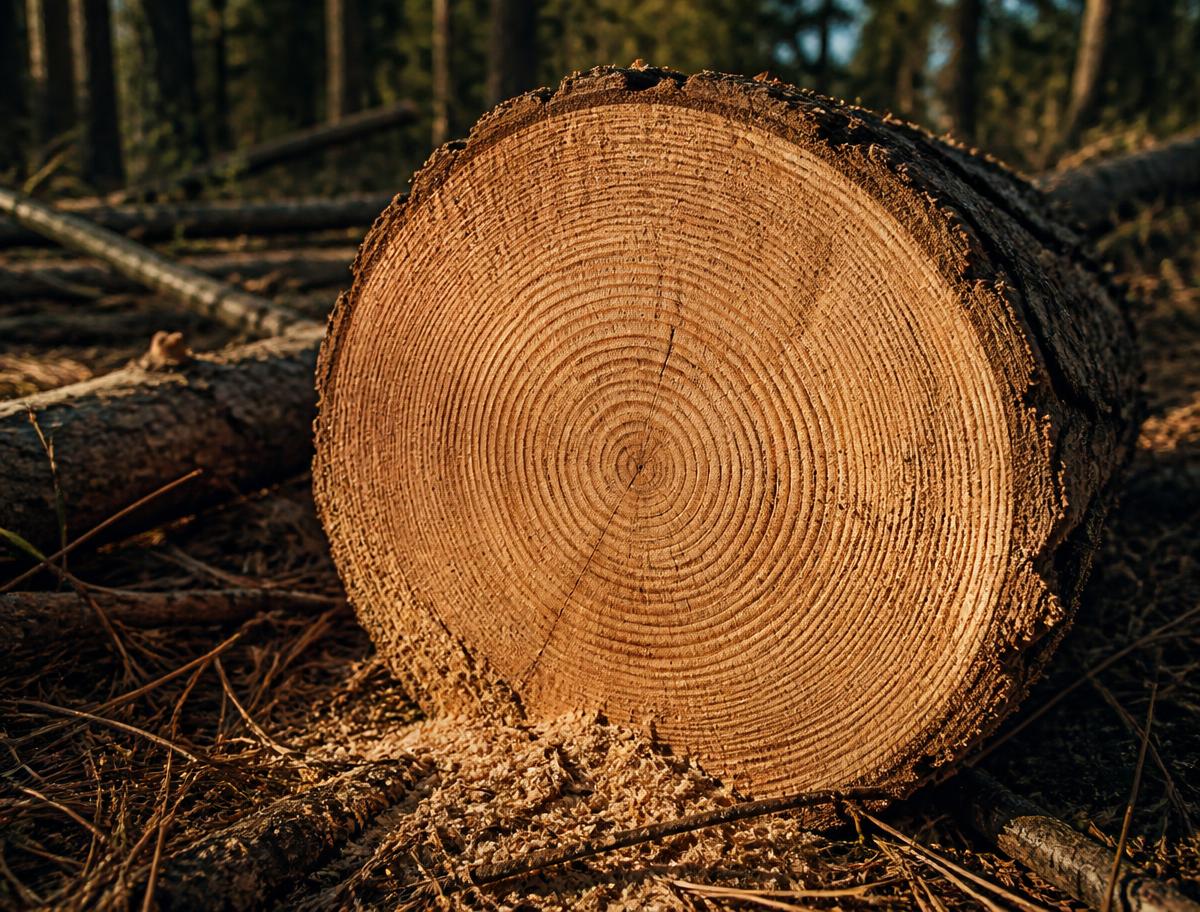 Freshly cut ponderosa pine log showing decades of tight growth rings on the forest floor in golden light