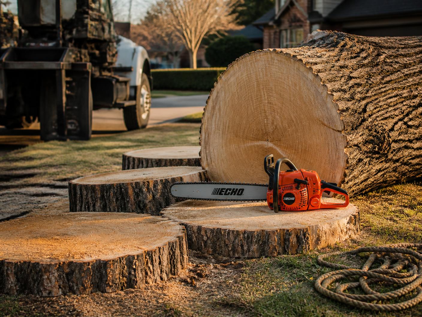 Freshly felled cottonwood sectioned into rounds on a residential lawn with a chainsaw and rigging rope beside the log during a tree removal