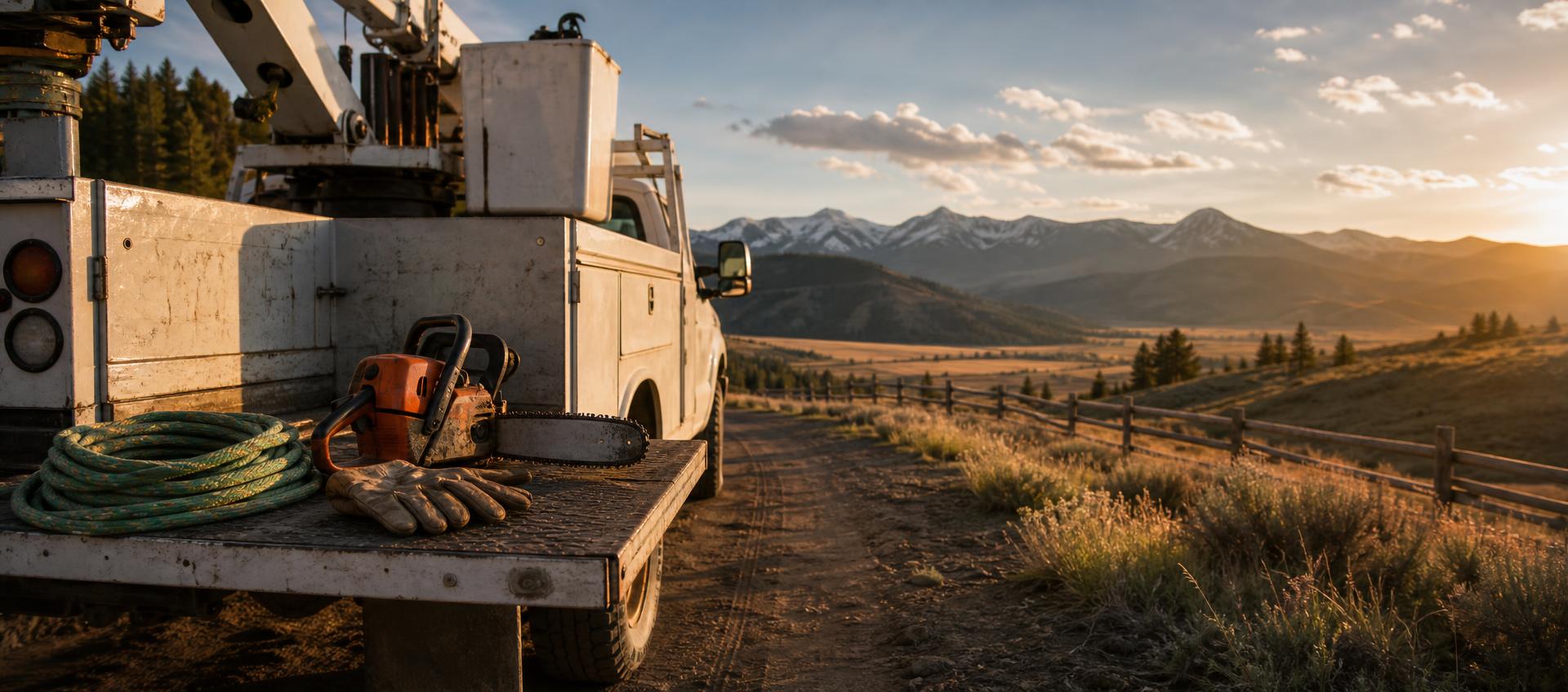 White tree service truck with chainsaw, climbing rope and work gloves on a dusty Colorado ranch road at golden hour with San Juan mountains in the distance