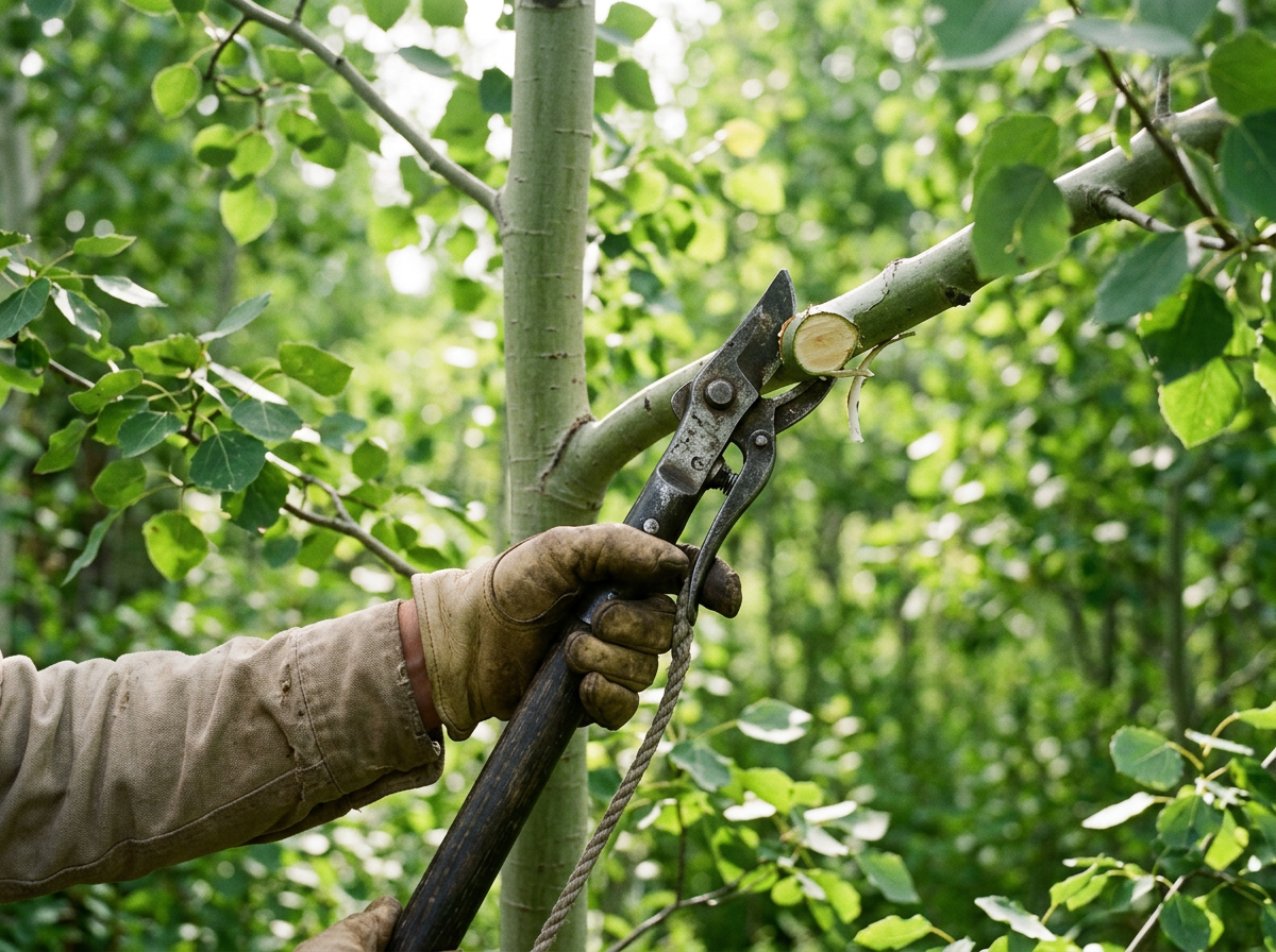 Pole pruner blade making a clean pruning cut on a green aspen branch during precision tree trimming