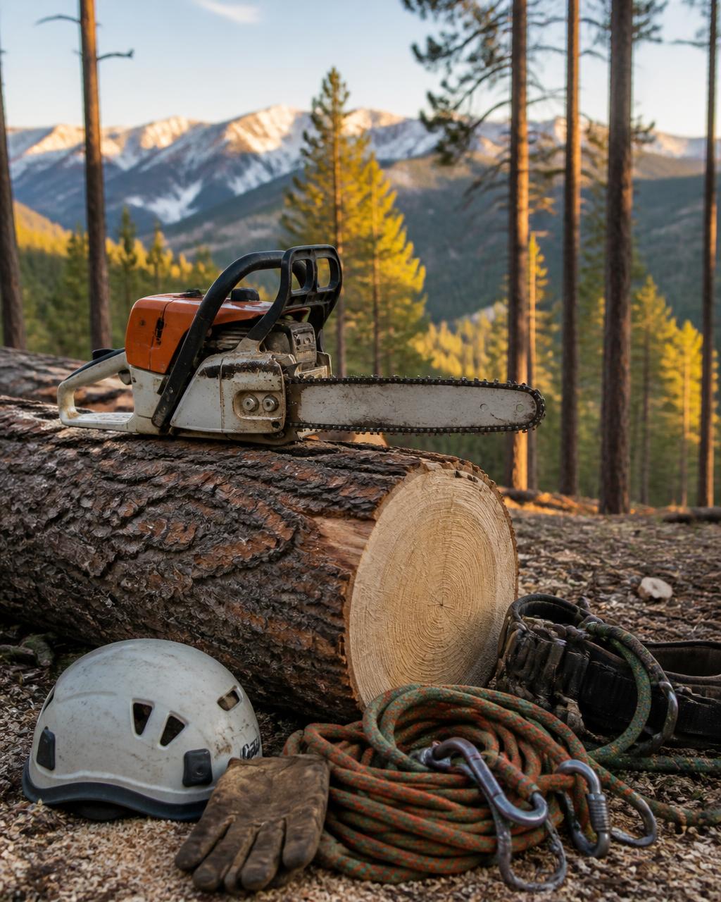 Chainsaw, climbing rope and helmet resting on a freshly cut pine log with Colorado mountains behind