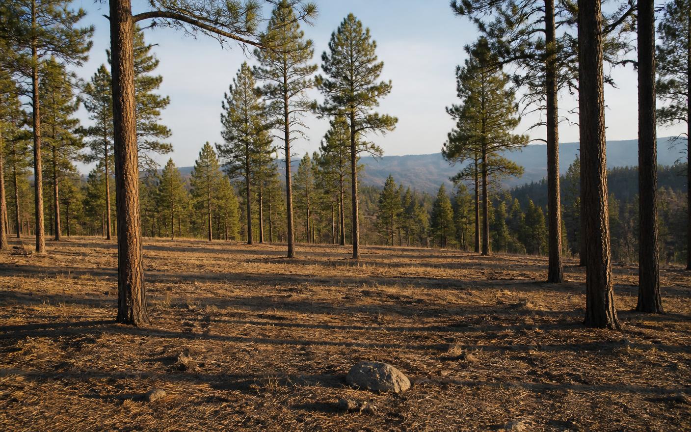Thinned ponderosa pine stand with widely spaced crowns and cleared ground on a Colorado mountain property