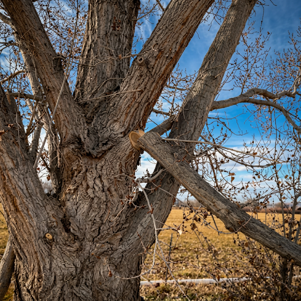 Close view of a multi-stem cottonwood with a clean fresh pruning cut against blue sky